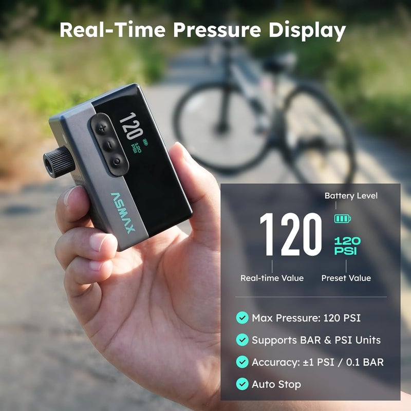 ASMAX T30 Mini Bike Pump, 16s Fast Inflate Electric Bicycle Pump with Gauge, 120PSI Portable Bike Air Pump, Cordless Rechargeable Tire Pump with Presta and Schrader Valve for Bikes, Motorcycles, Balls - Image 2